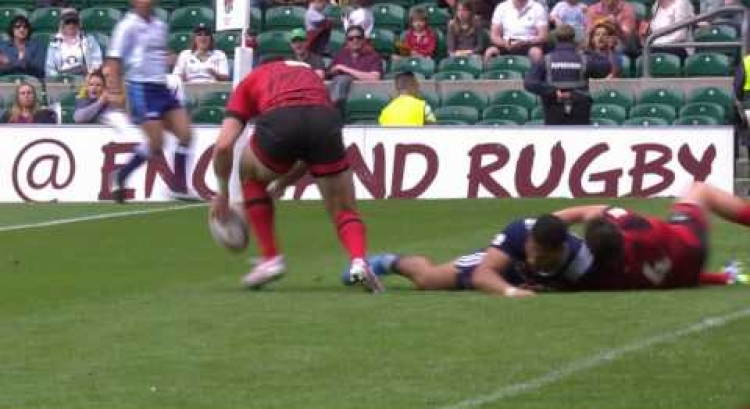 TOUCH IT DOWN: USA botch try after Welsh tackle!
