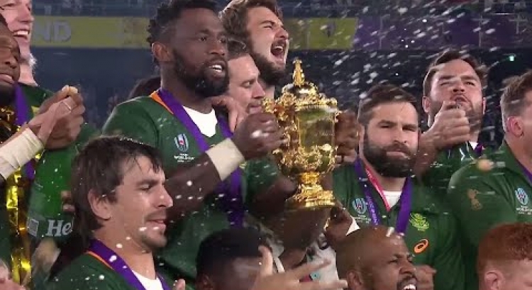 Slow mo of South Africa lifting the Webb Ellis Cup