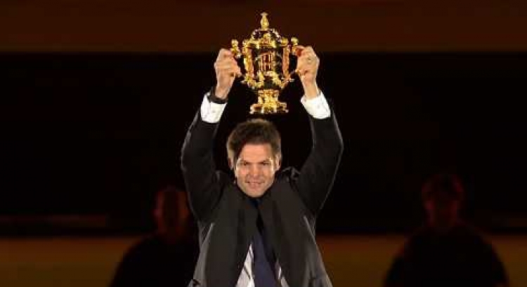 Richie McCaw delivers the Webb Ellis Cup at Rugby World Cup 2019