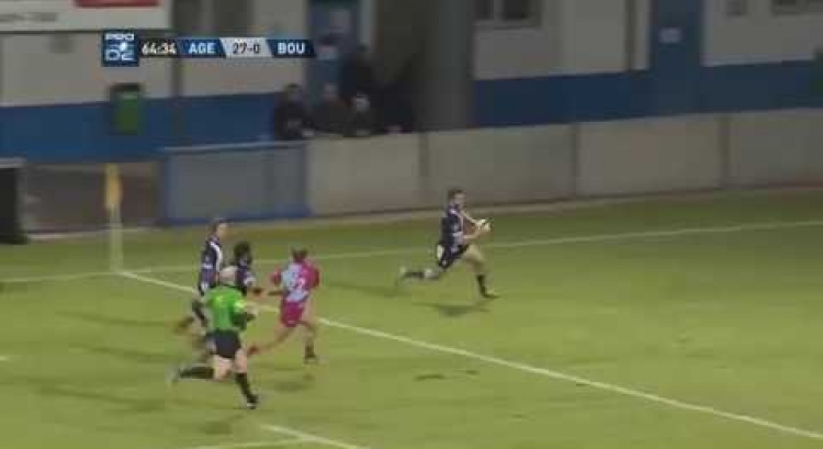 Paris sets up, and scores try, during Agen's win over Bourgoin